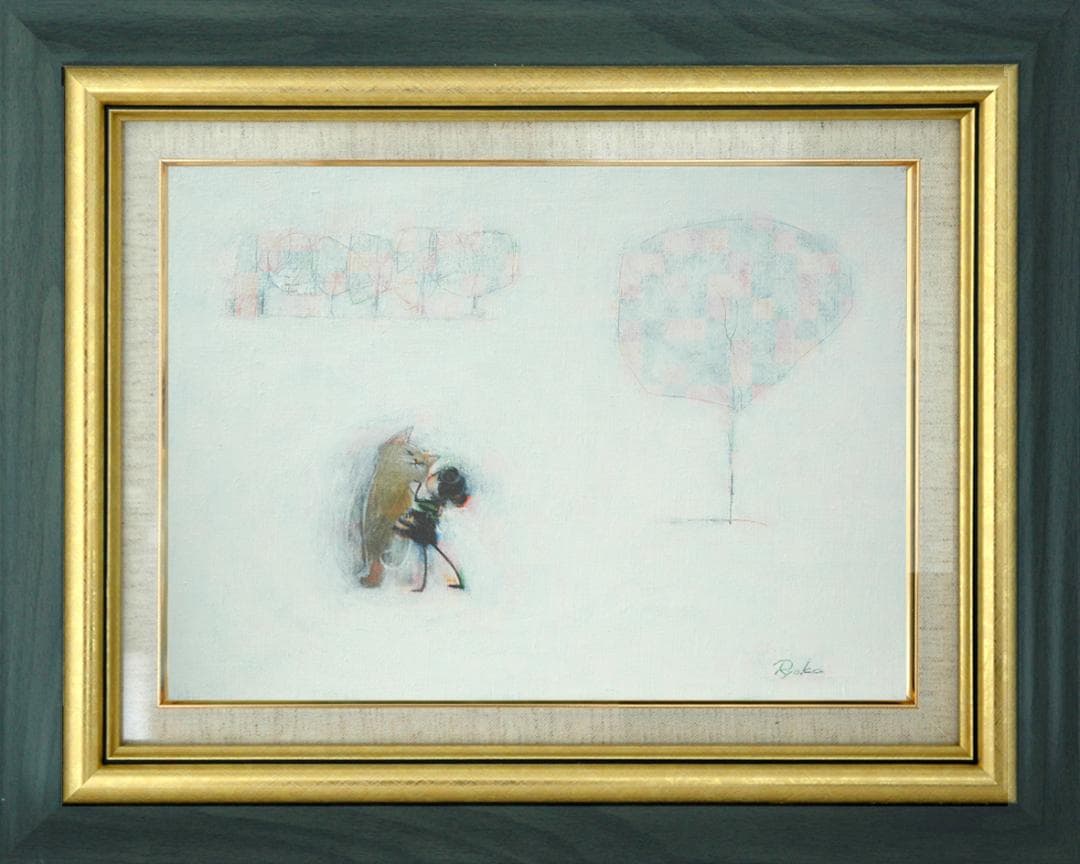 油絵 菅家令子 絵 絵画インテリア額付(銀) F4-090818 子猫子犬女の子