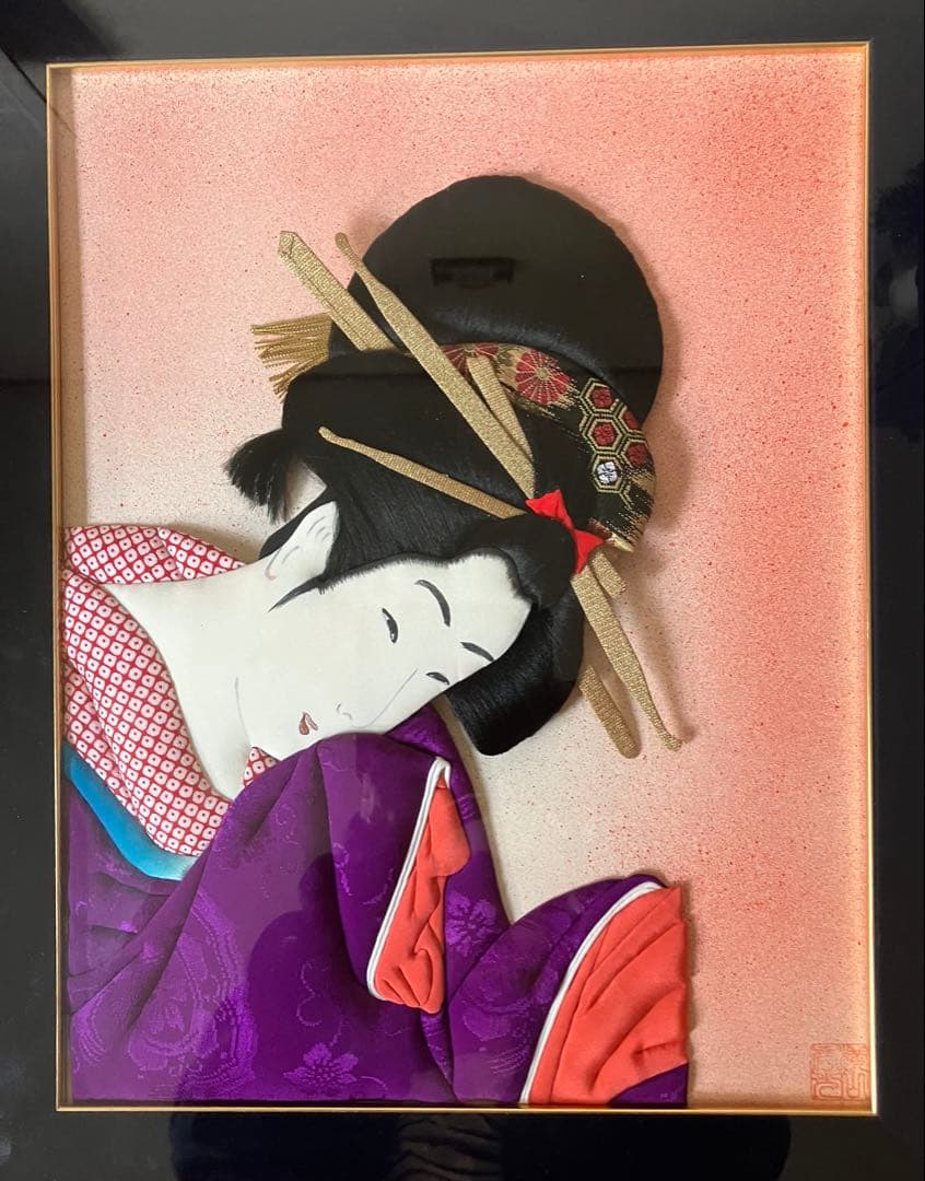 【日本の伝統工芸品 】押絵 立体美人画 額装（紫の着物）芸妓 和風飾り