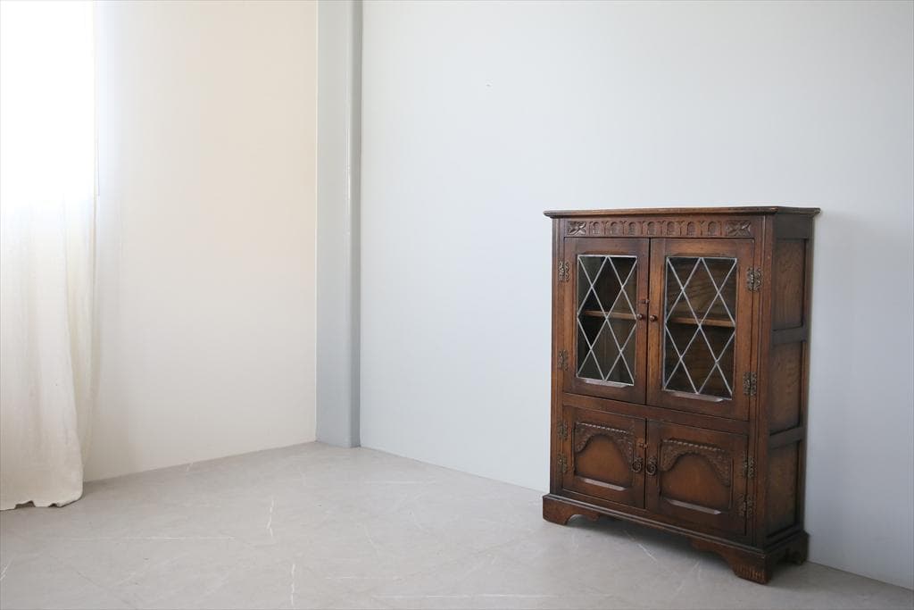 英国アンティーク木製ブックケースキャビネット/本棚/食器棚/飾り棚(91-163