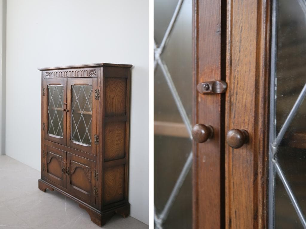 英国アンティーク木製ブックケースキャビネット/本棚/食器棚/飾り棚(91-163