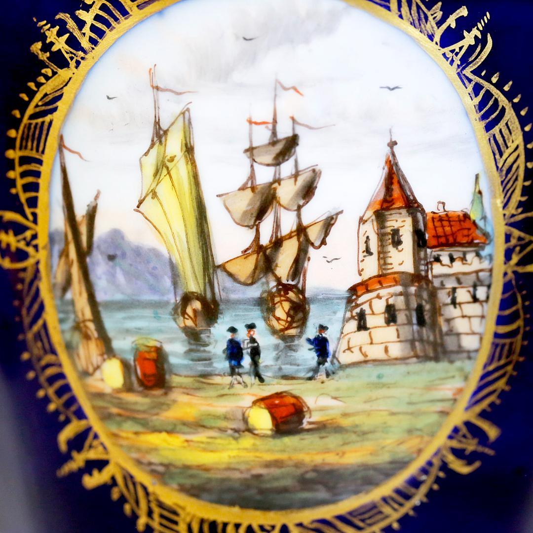 【送料込み】ドレスデン 帆船 壺 蓋付き 飾り壺 コバルト 金彩 ②