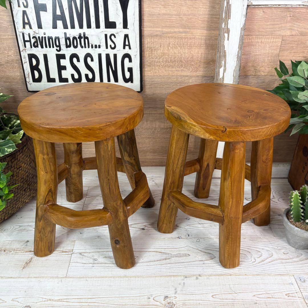 オールドチーク天然無垢極太丸木脚丸スツールM二脚セット木製天然無垢椅子花台チェア