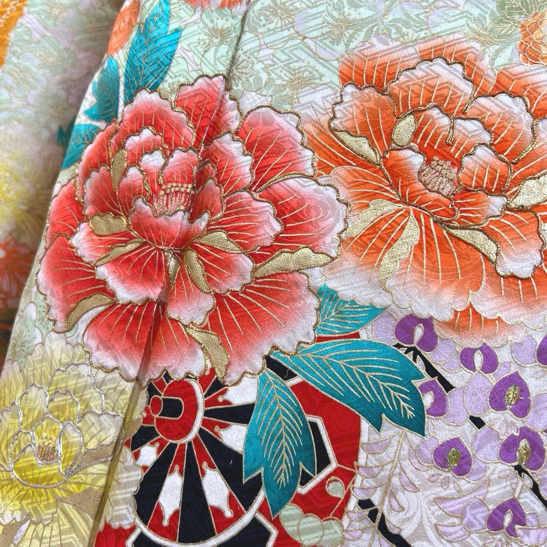 465 振袖フルセット 正絹 オレンジ 橙 金彩 絞り 駒刺繍 華やか ビビット