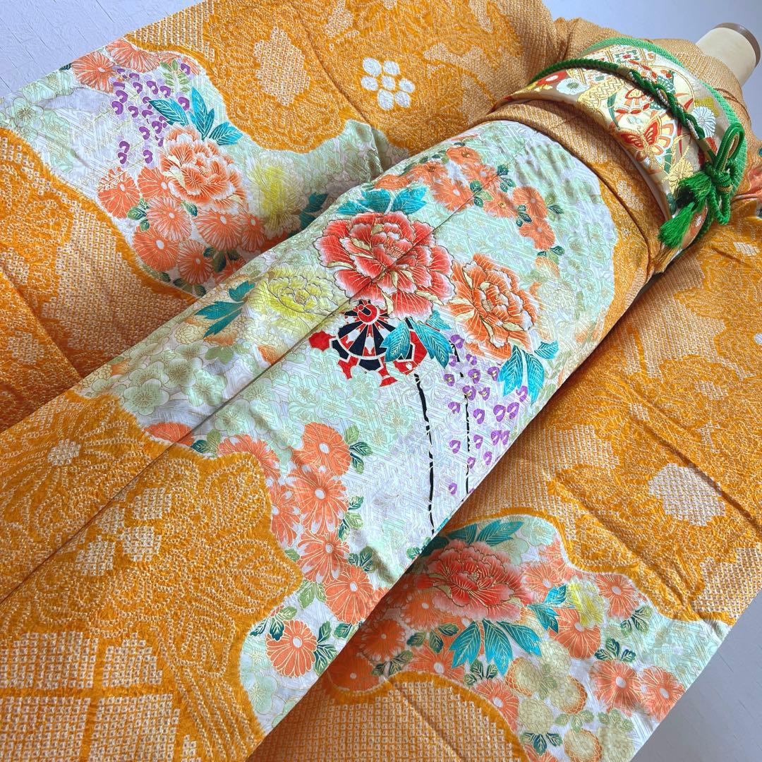 465 振袖フルセット 正絹 オレンジ 橙 金彩 絞り 駒刺繍 華やか ビビット