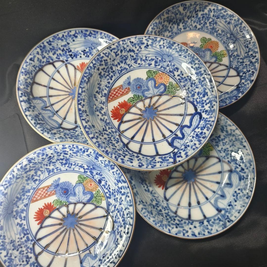 古伊万里 金彩色絵皿 染付 金縁手描き 角福 時代物 蒐集家放出江戸骨董 古美術
