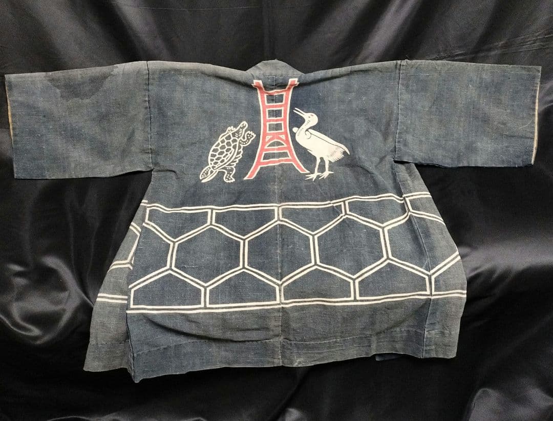 アンティーク 法被 歌舞伎 裏地 鶴 亀 半纏 骨董 古着 祭り ハッピ