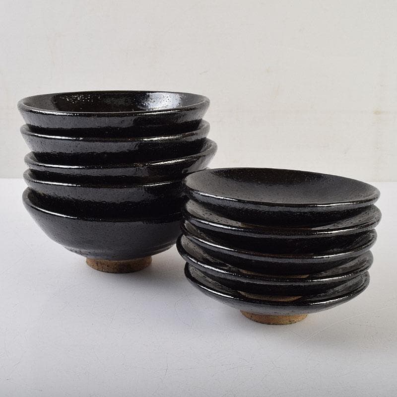 和食器　楽吉左衛門　黒楽平茶碗　高台平皿　2種10客　時代箱　V　R9525