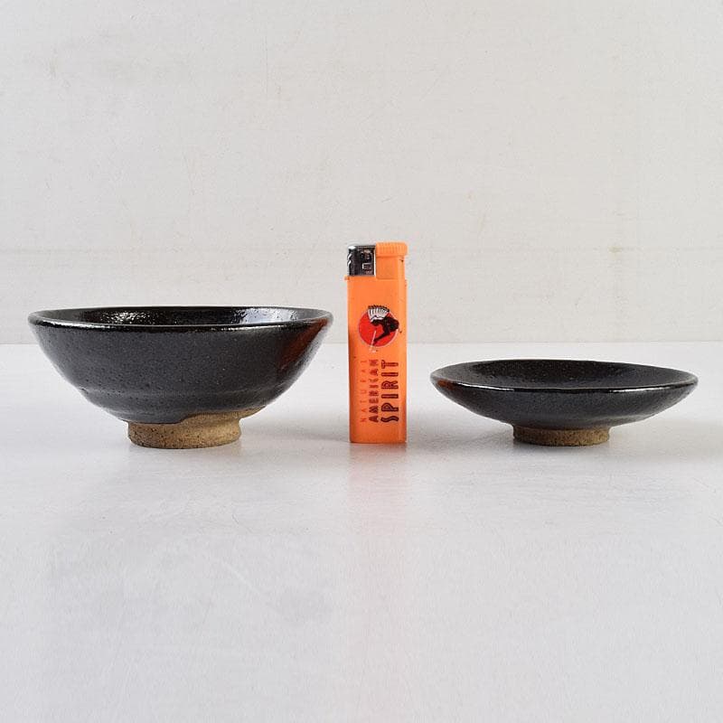 和食器　楽吉左衛門　黒楽平茶碗　高台平皿　2種10客　時代箱　V　R9525