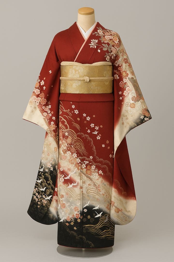 [極美品] 振袖　正絹　桜　鶴　紅　白　黒　高身長　成人式　結婚式　礼装