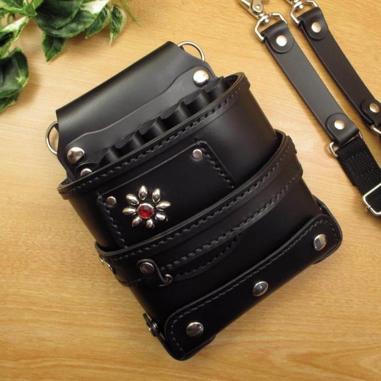 フラワースタッズ装飾　ブラック　６丁　本革シザーケース　SCA-208/CKA