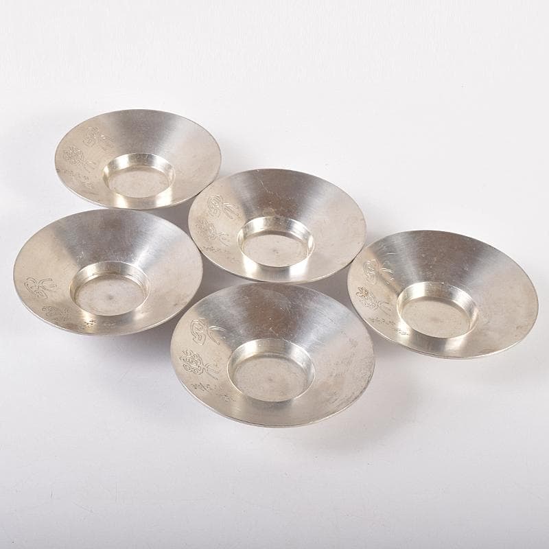 煎茶道具　平安　英青堂造　純錫園式茶托　五客　合計約588g　共箱　MR7702