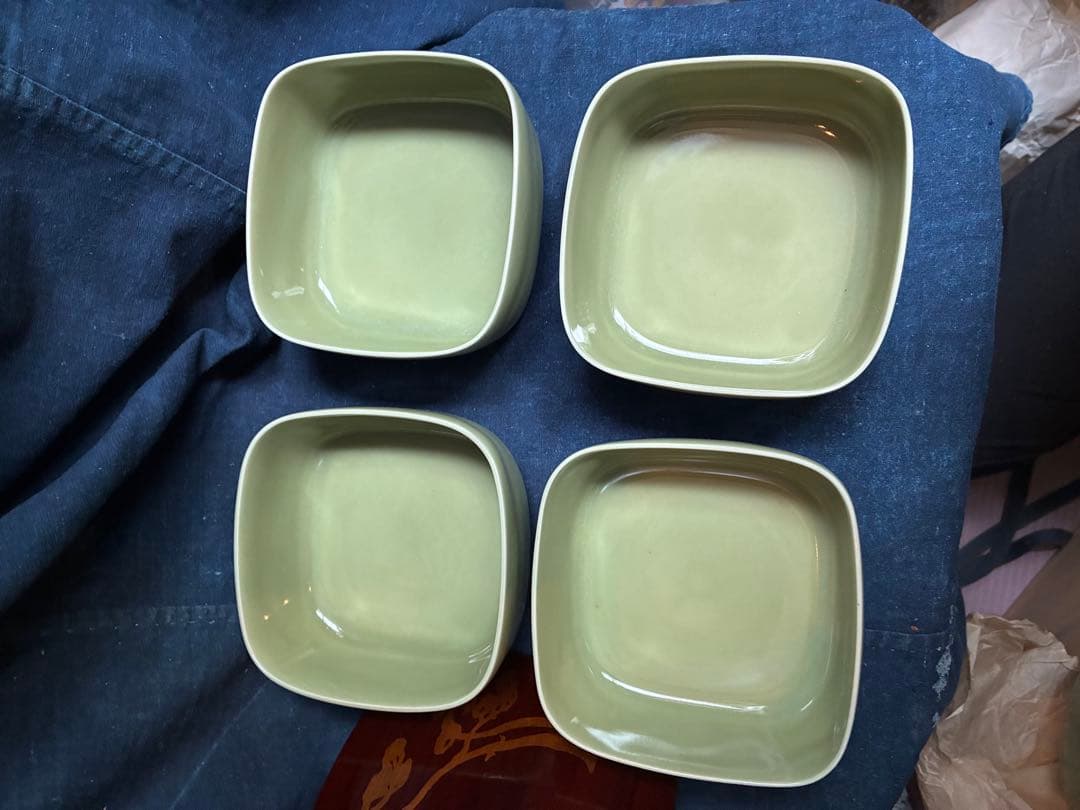 青磁　天龍寺青磁枡形向付　5客　宮永東山　共箱　荒川豊蔵の出た窯　北大路魯山人