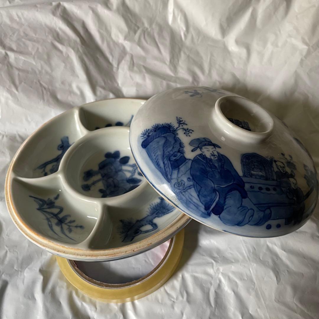 染付　盒　中国　蓋物　陶磁器　China  松　竹　梅　蘭　人物　四君子　唐子