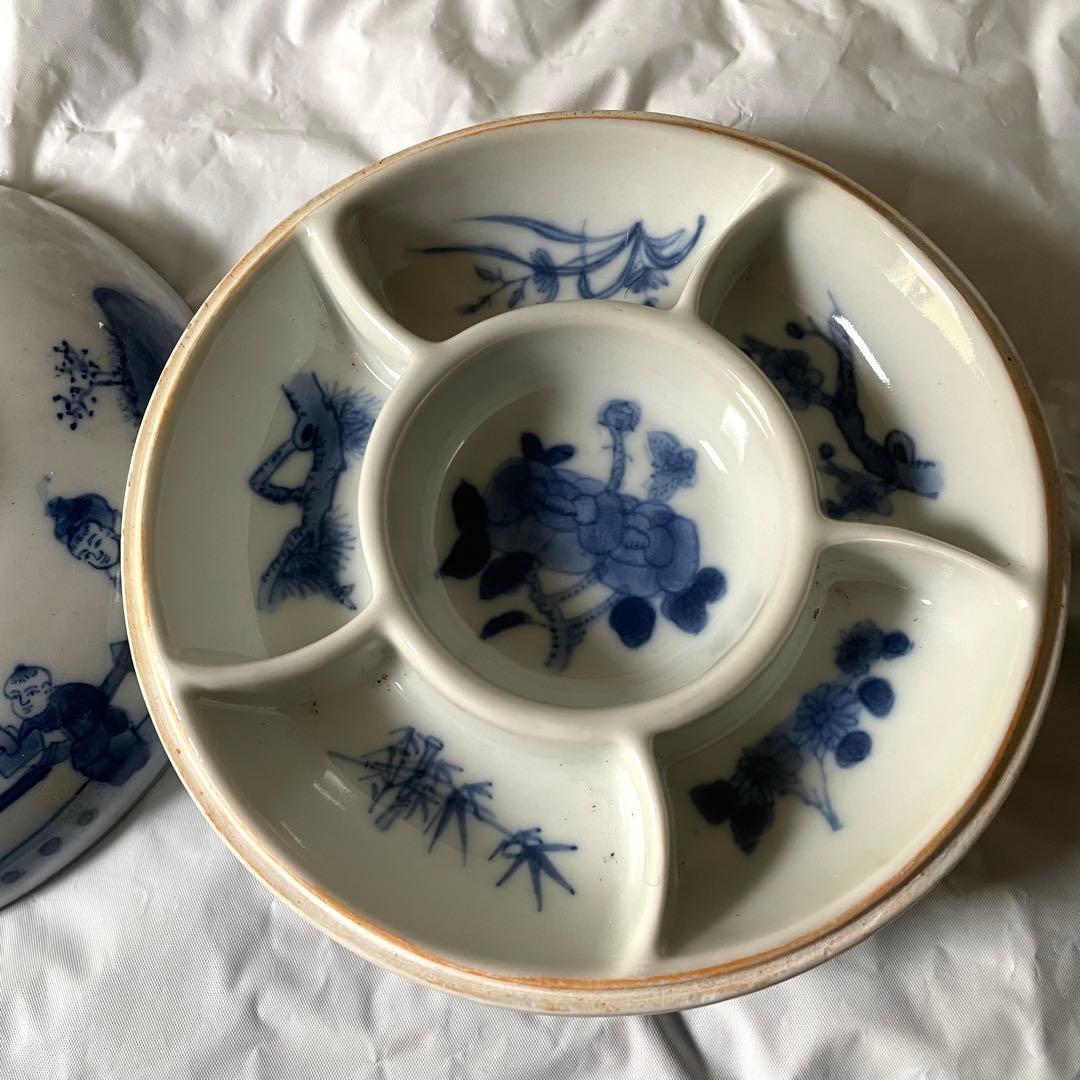 染付　盒　中国　蓋物　陶磁器　China  松　竹　梅　蘭　人物　四君子　唐子