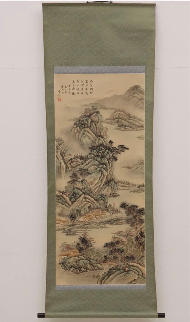 中国民国時代画家　希白 掛軸(絹本) 墨彩 「常熟山水」肉筆