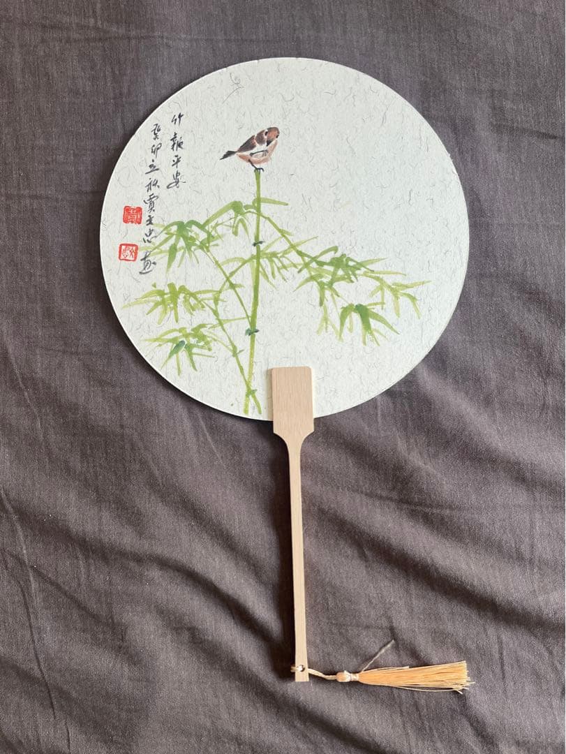 扇 竹報平安(水墨画)ー賈文忠真筆