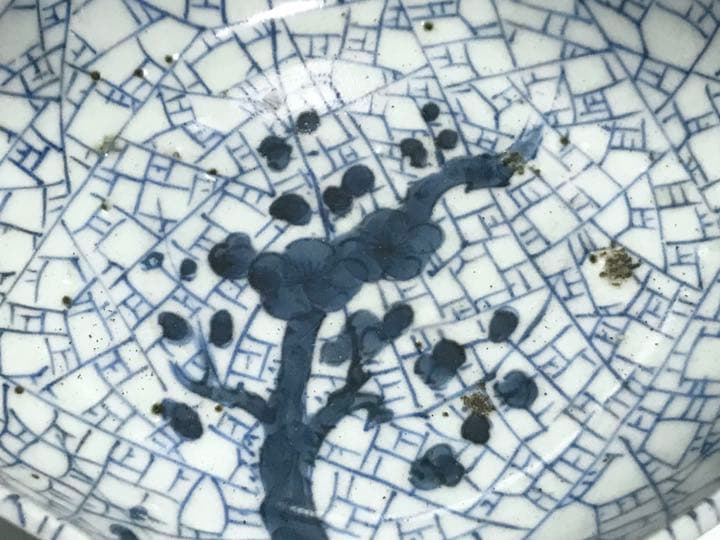 骨董　アンティーク　古伊万里　染付　氷裂　氷割　梅図　菱形変形皿　向付