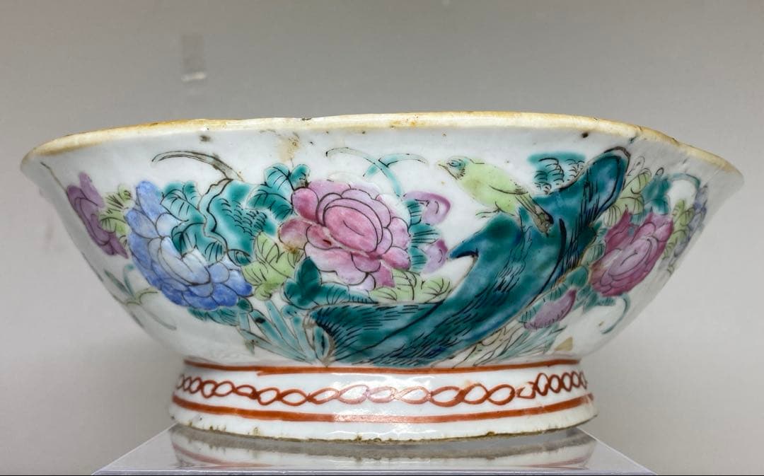 中国清時代　粉彩花鳥画鉢　幅約22㎝　東Y7-0331②タサオ