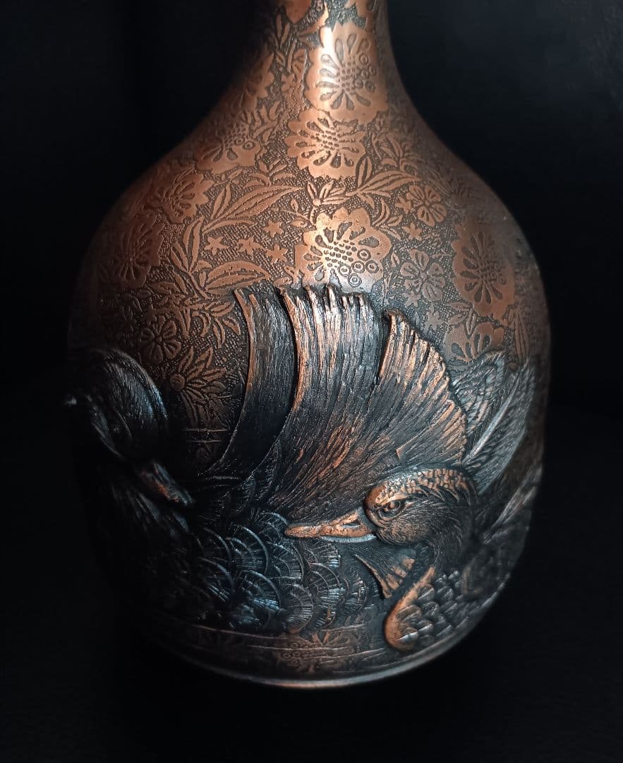 【希少/逸品】三宝 SANPO 銅製 花瓶 鴛鴦（おしどり）梅 高彫 23cm