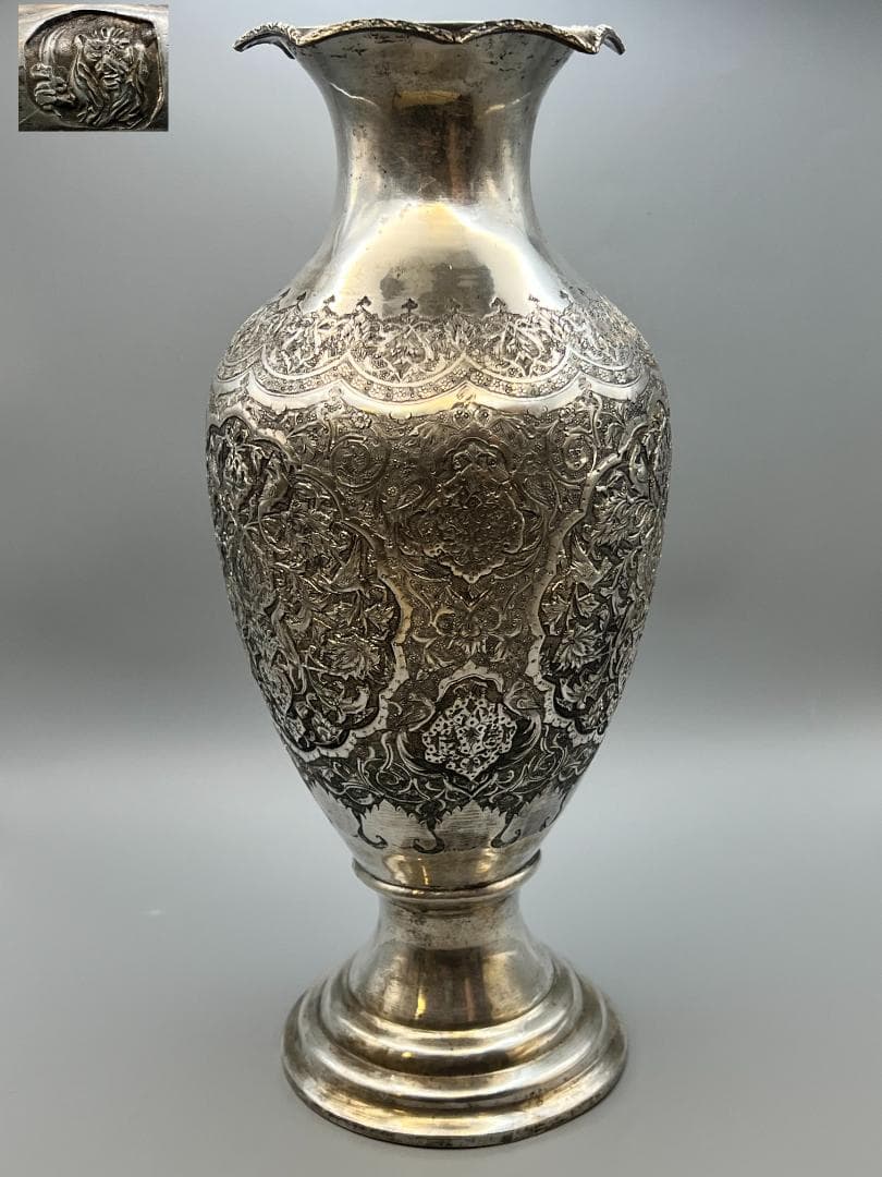 銀製　ライオンマーク　三越　銀花瓶　花入れ　手彫　銀細工　重量約820g