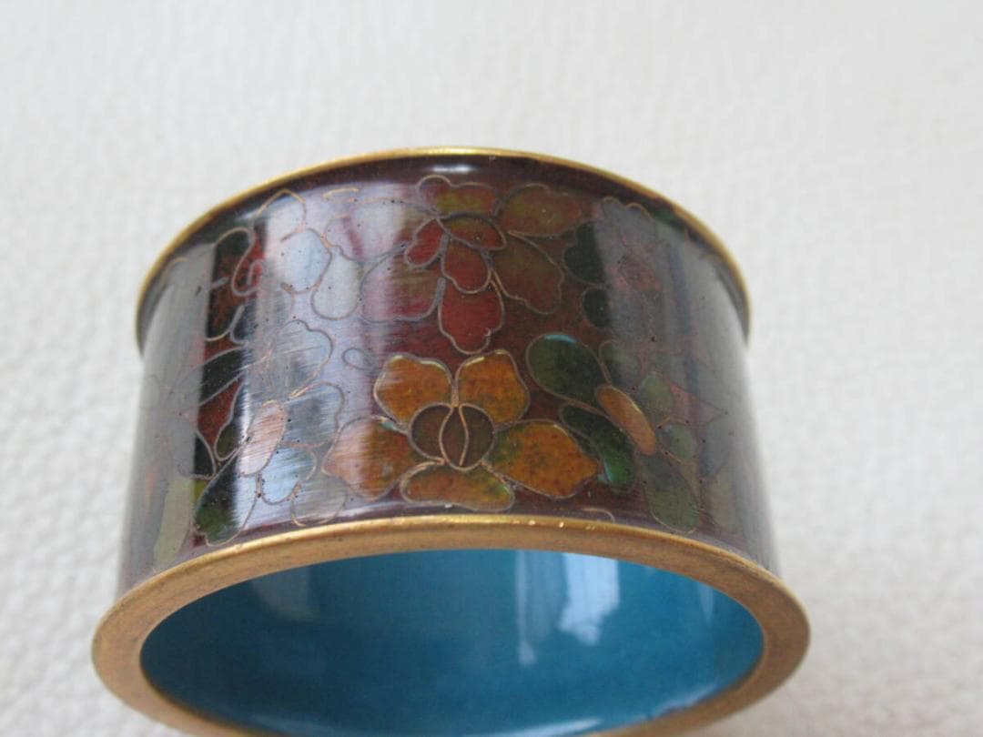 極美品 大正時代◆京七宝 稲葉七宝 内側濃い目水色 外観(花柄図)ナプキンリング