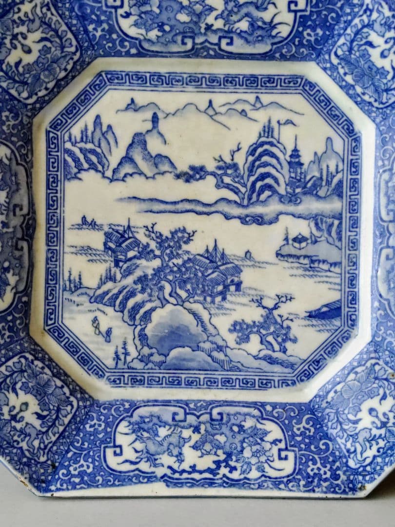 100年前の角皿　山水図　銅版転写　明治時代