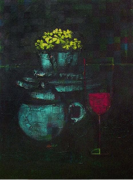 油絵 菅家令子絵 絵画インテリア額付(黒) uF6-063404 静物花グラス器