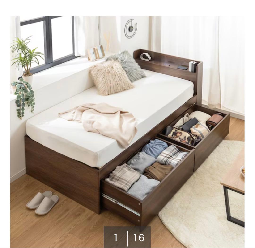 シングル コンセント付きベッドフレーム ブラウン＋マットレス付き