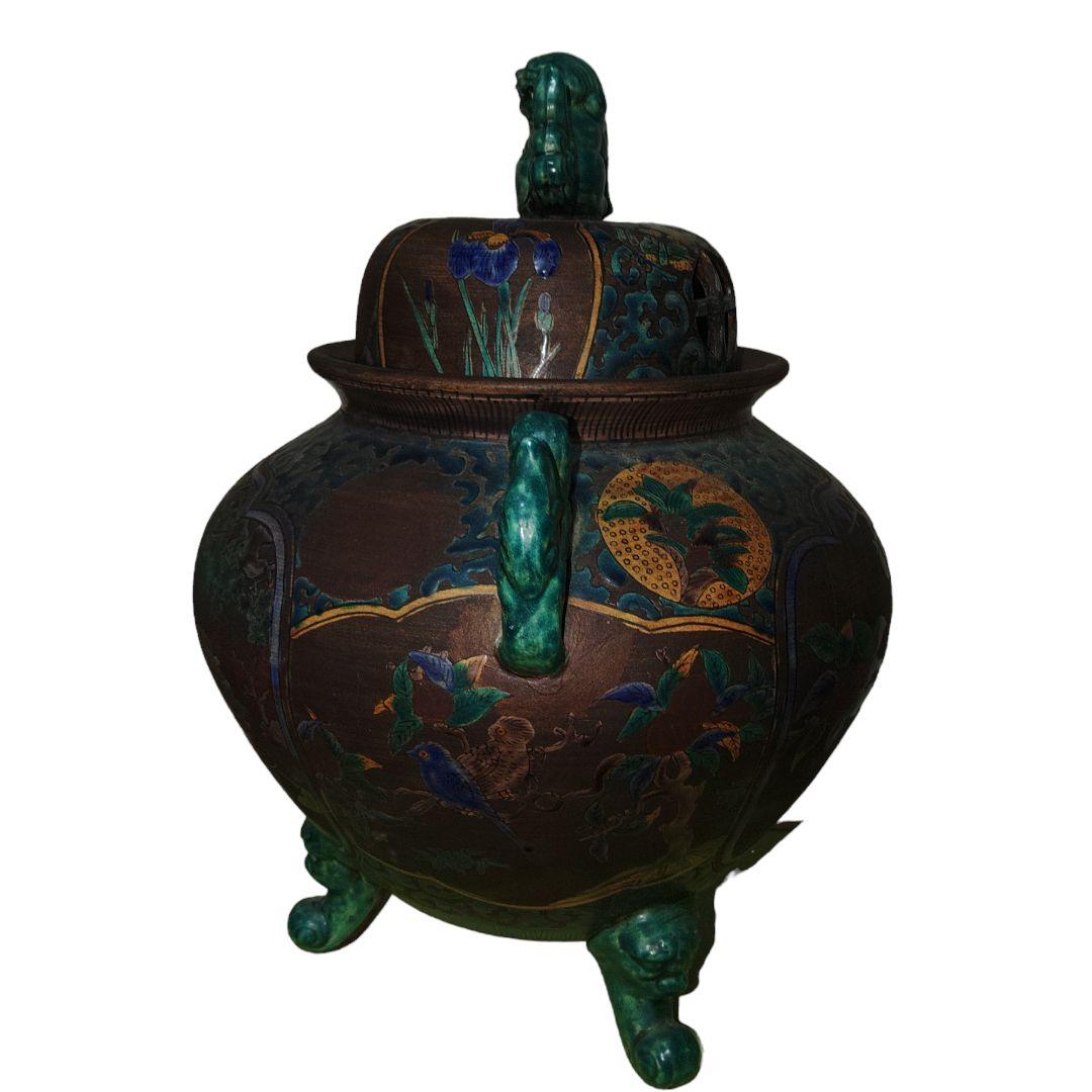 古青手九谷焼　緑釉獅子付香炉　高さ35cm