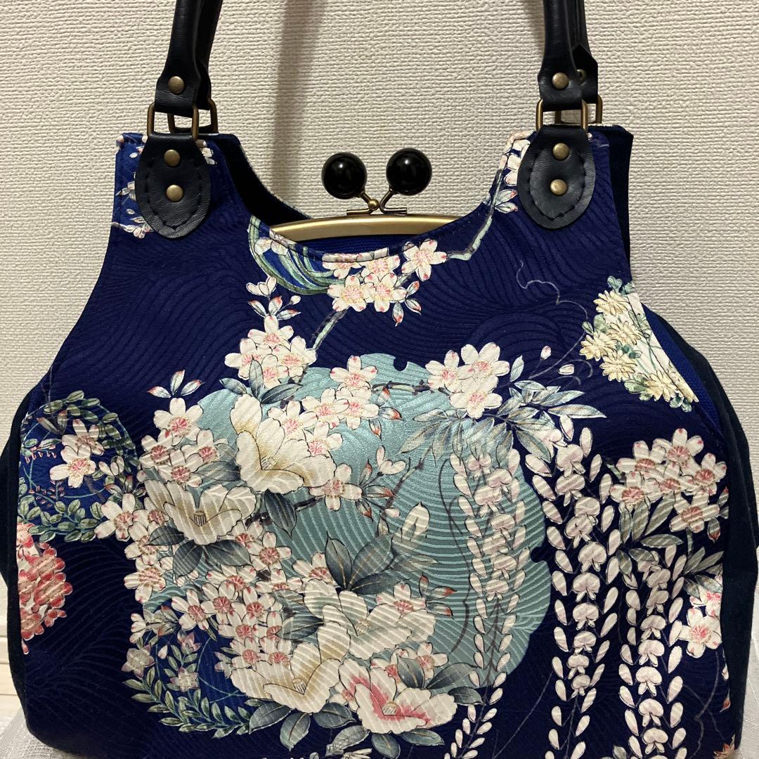 Midori Obi Arts花柄和装用バッグ 紺色 大きめ