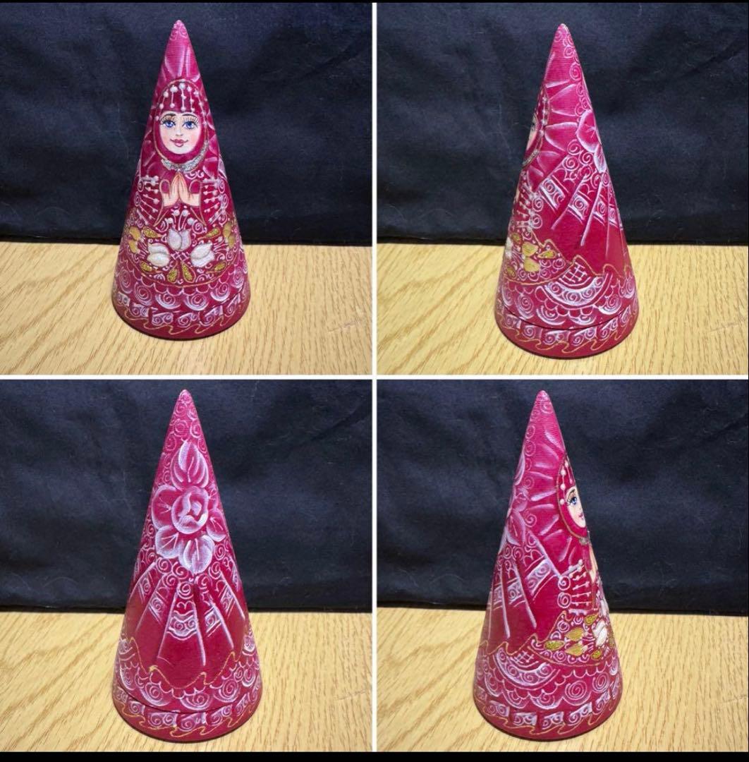 ロシア　アーティスト　えんじ色三角マトリョーシカ　5体、長期保存、現状