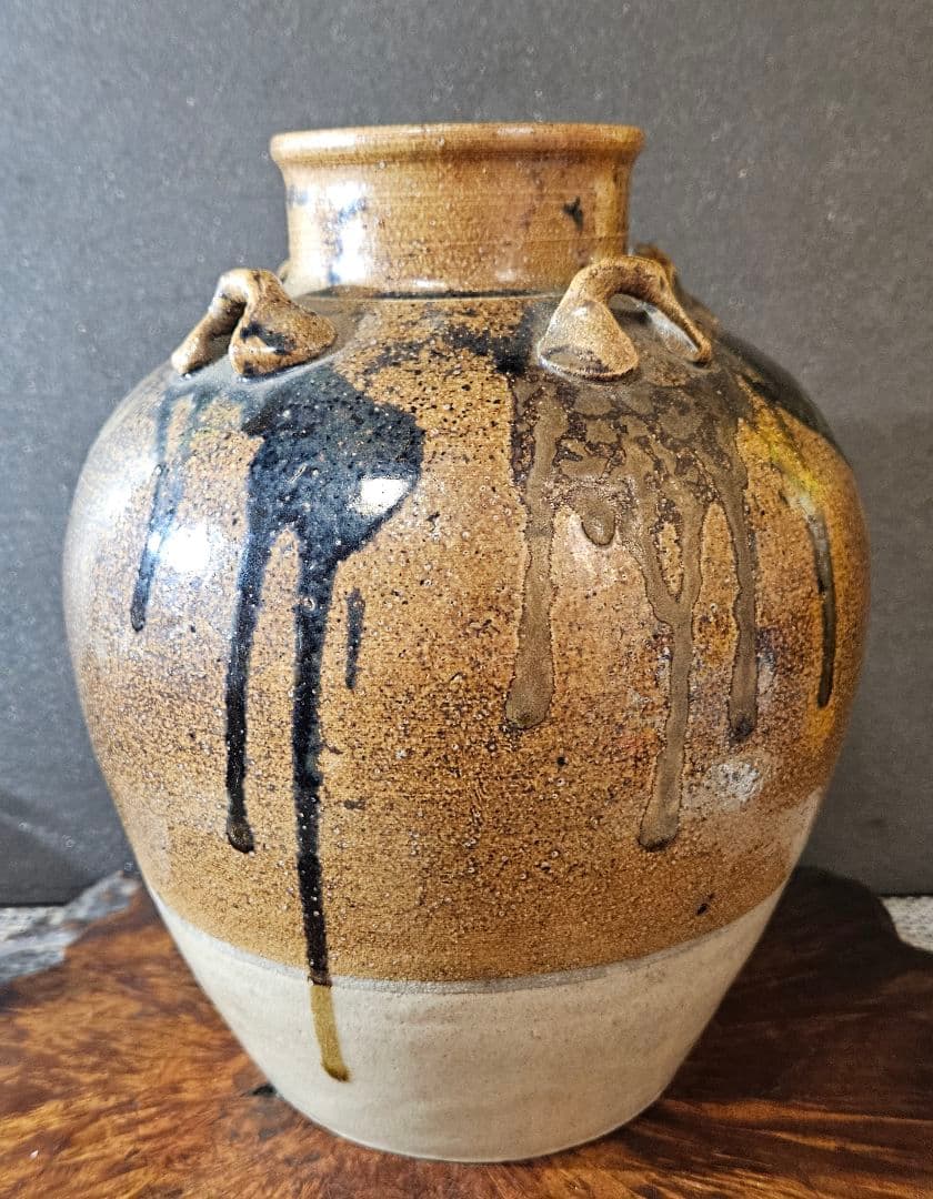 明治時代　古信楽　釉流れ　四耳壺 高 約22.7cm　花入れ　花生け　花器