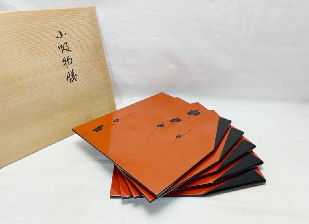 未使用 懐石道具 木製朱塗 平安 象彦 小吸物膳 5客組 葉蒔絵 底印 共布共箱