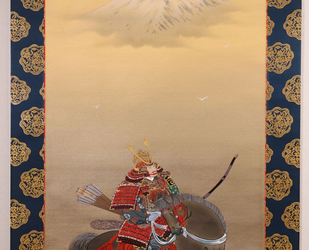 【真作】日本画 国井幸雪 武者図 絹本 掛軸 富士 金泥 國井幸雪 MB118