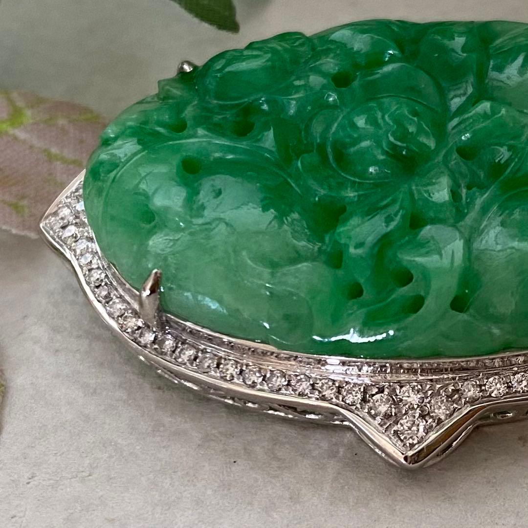 特注品　pt950翡翠ダイヤブローチ　アンティーク帯留からのリメイク　美しい