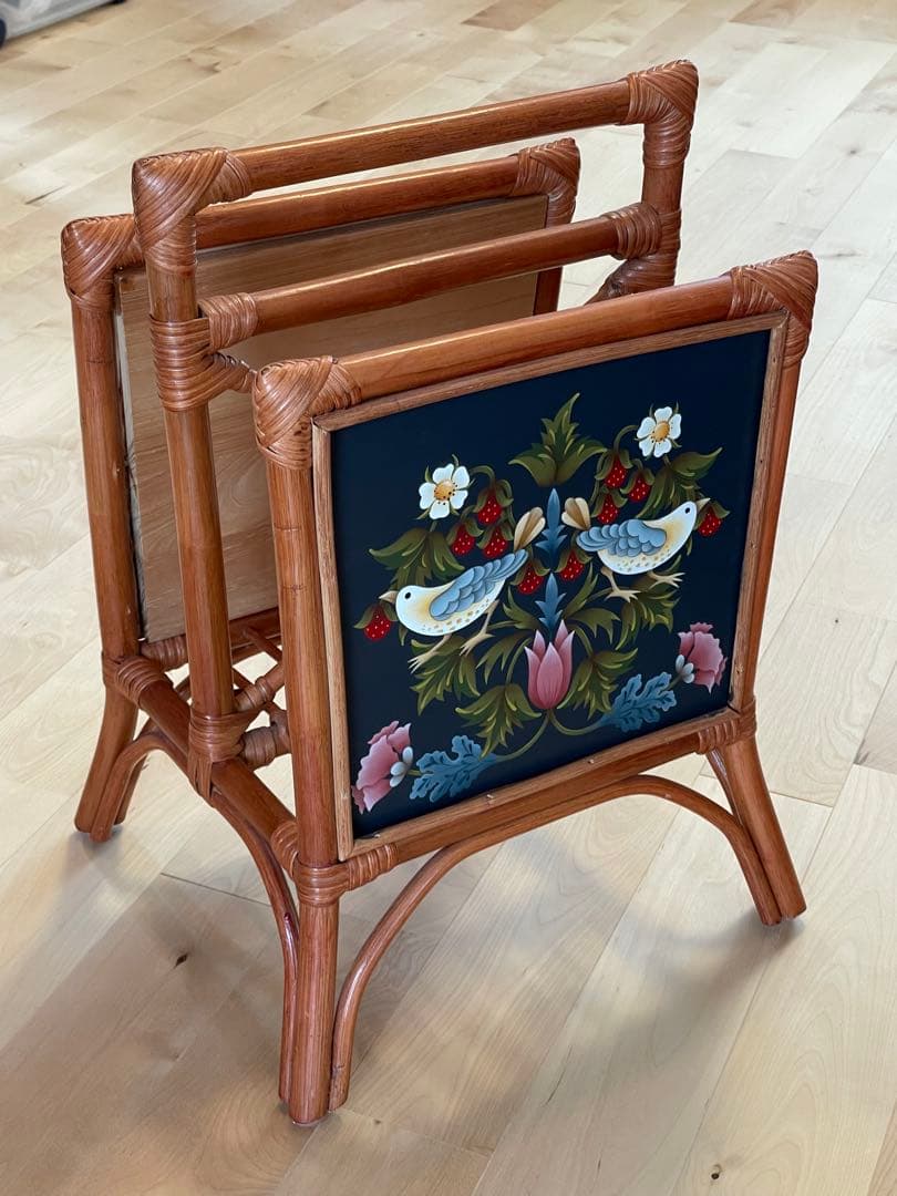 トールペイント（花と鳥）ラタン製マガジンラック