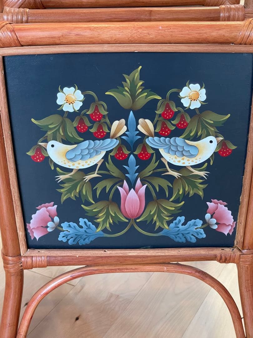 トールペイント（花と鳥）ラタン製マガジンラック