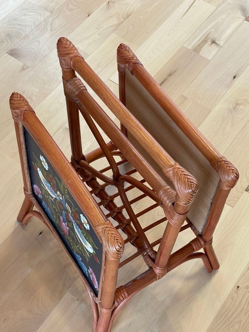 トールペイント（花と鳥）ラタン製マガジンラック