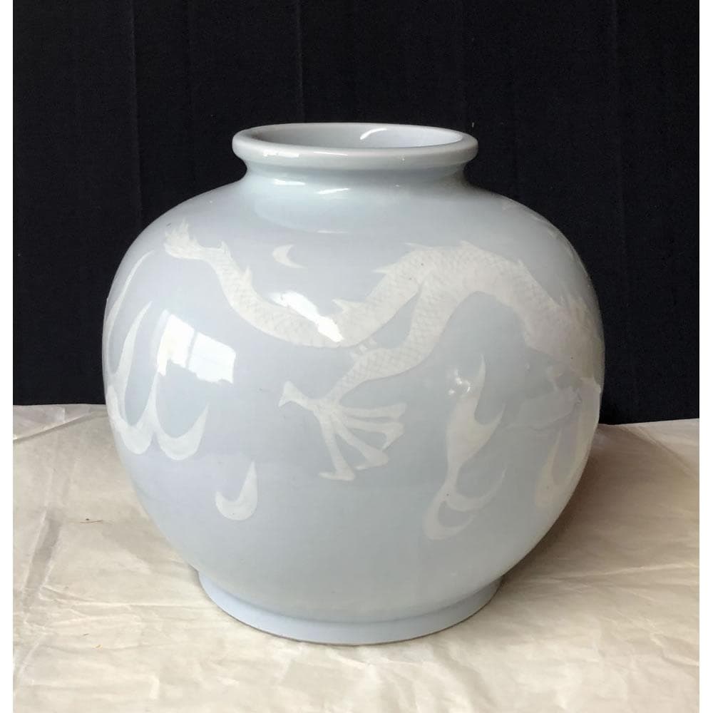 p001 京焼 青磁 龍紋 壺 渓山 銘 高さ22.5cm 壷 花器