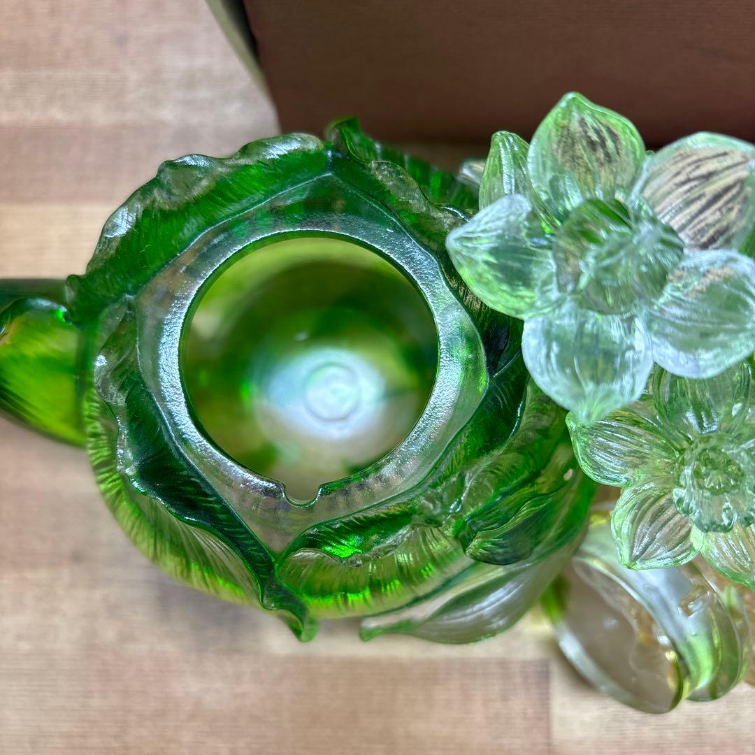 夏氏瑠璃　中国ガラス工芸　ティーポット置物　蓮の花装飾