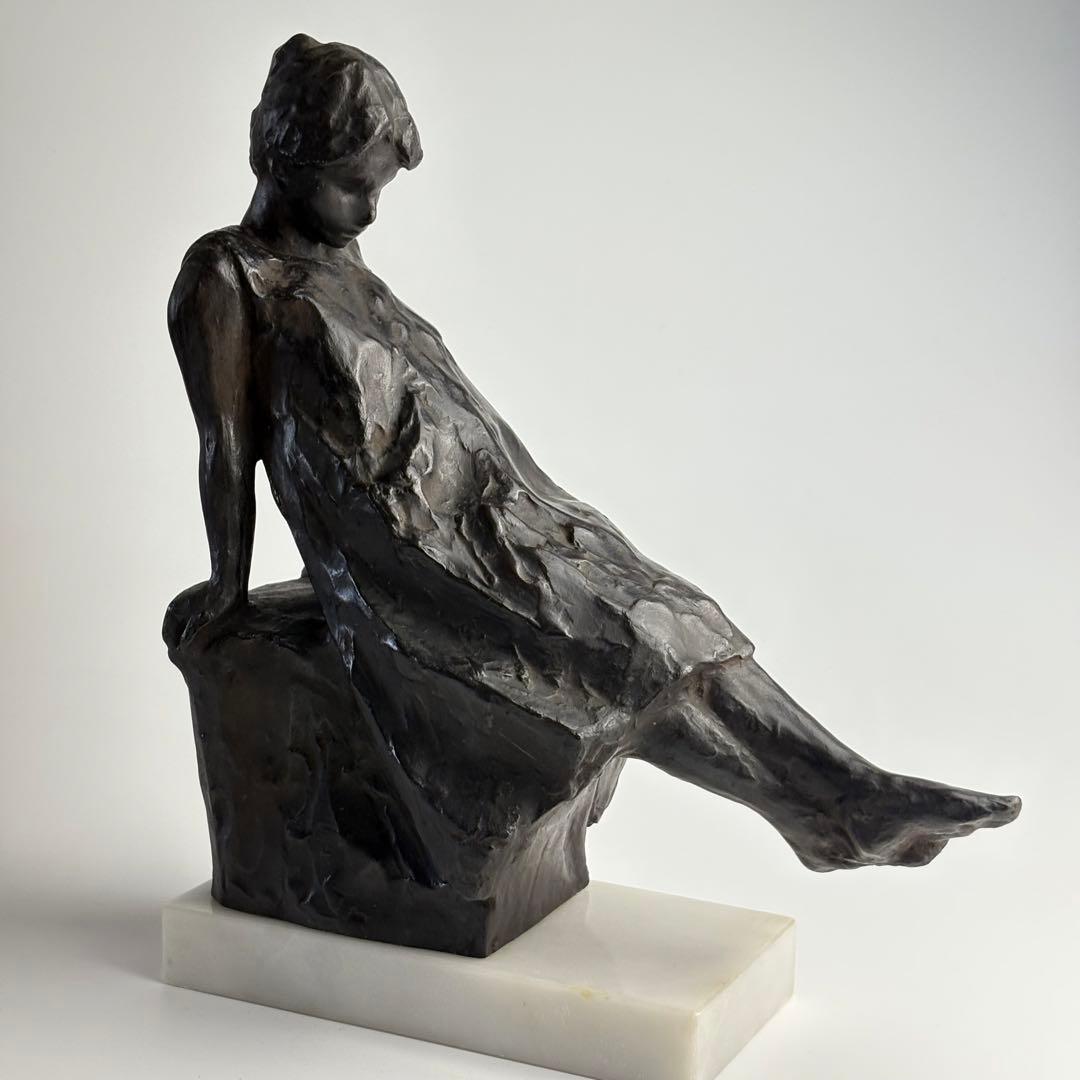 彫刻家 黒田嘉治 作 ブロンズ像 少女 1959年製作 共箱付属 東洋 彫刻美術