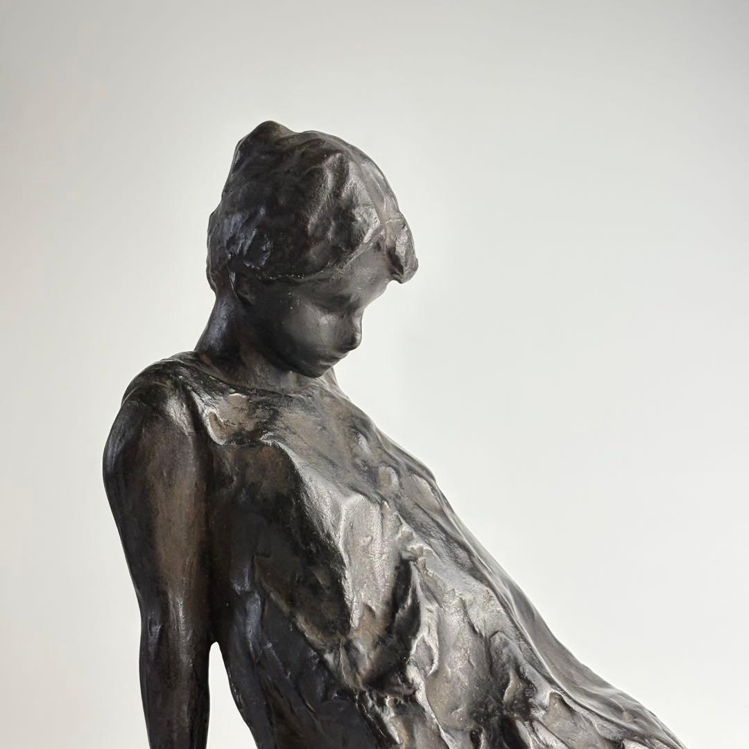 彫刻家 黒田嘉治 作 ブロンズ像 少女 1959年製作 共箱付属 東洋 彫刻美術