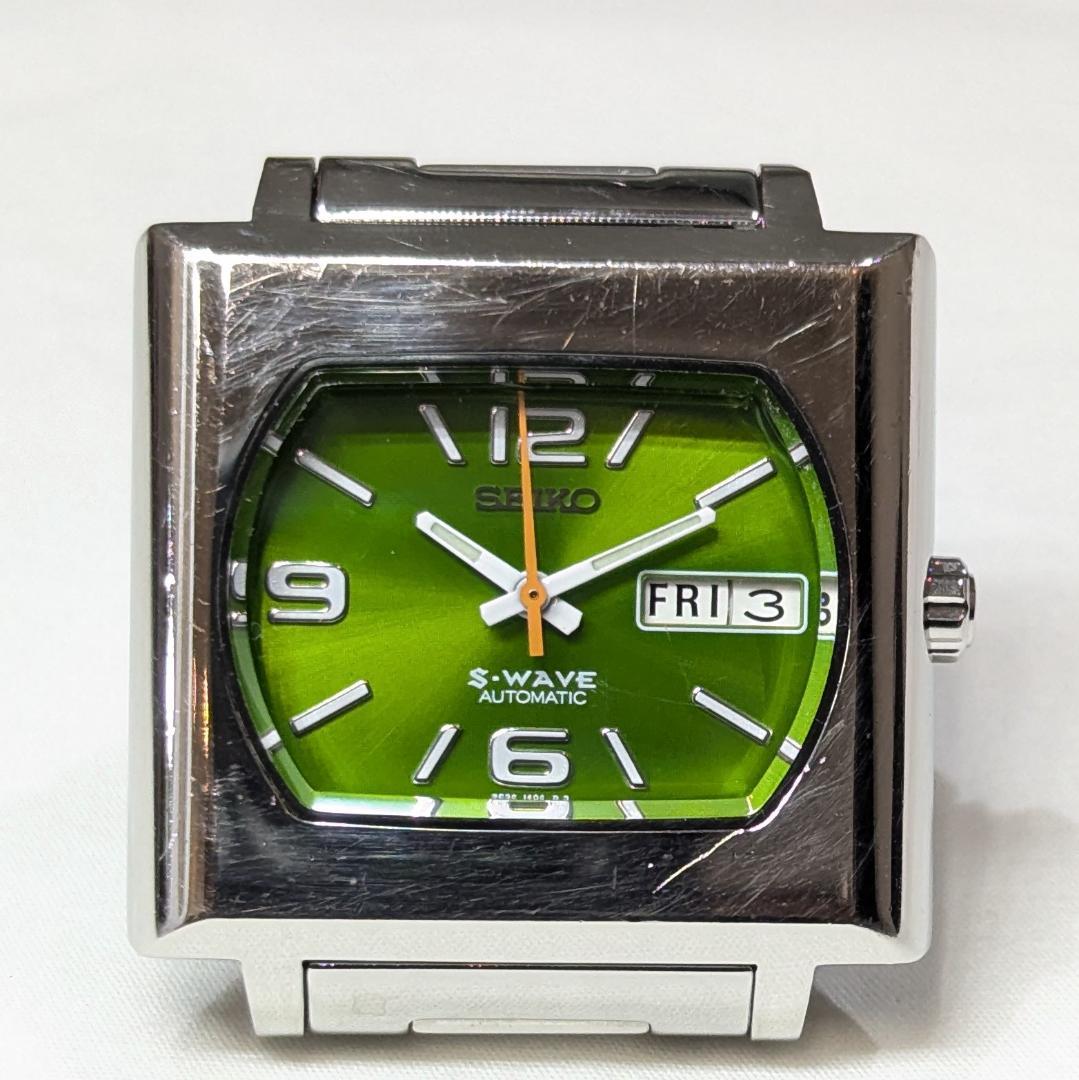 セイコー S-WAVE 自動巻き スクエアケース・稼働品・緑文字盤・デイデイト