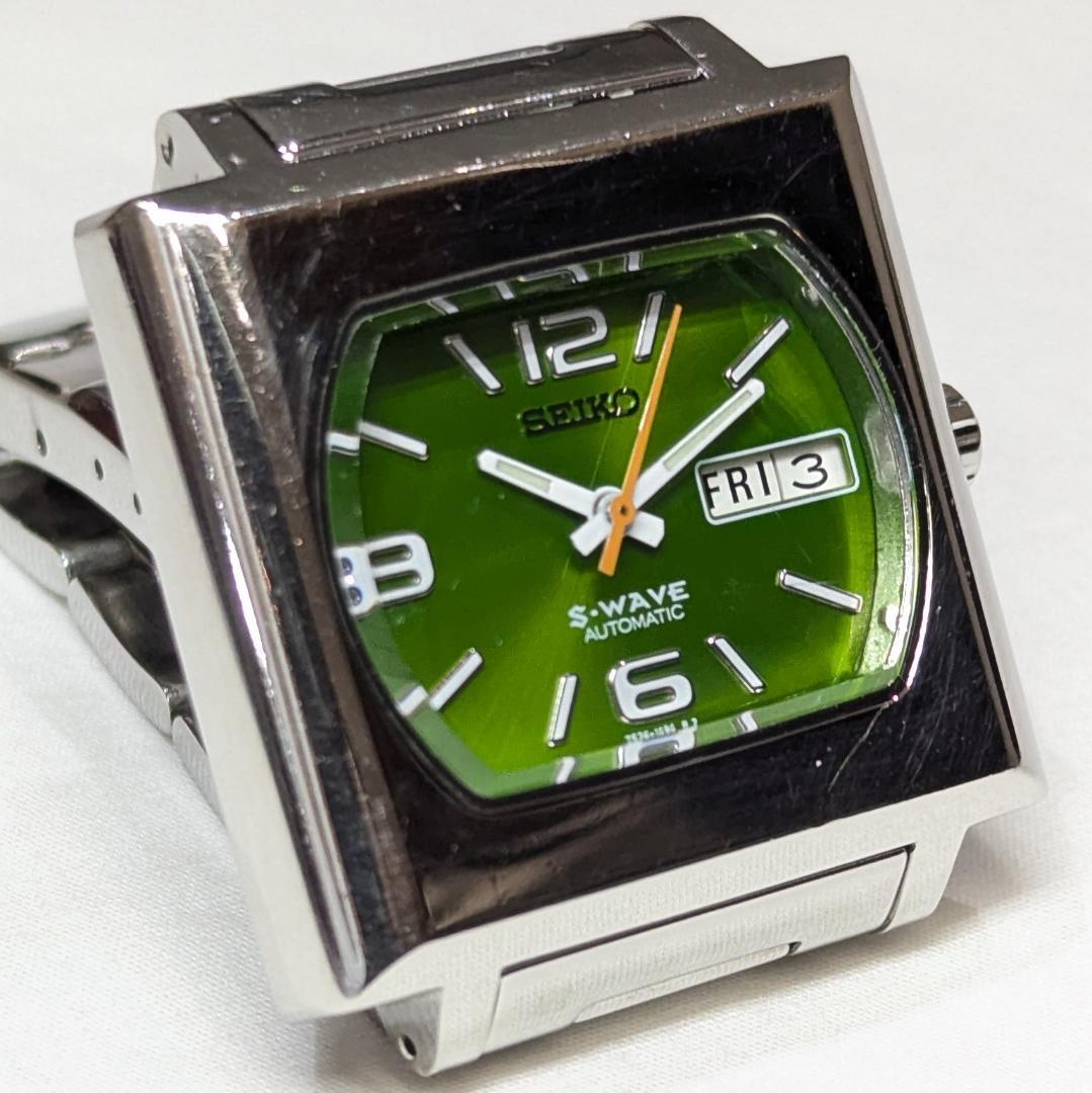 セイコー S-WAVE 自動巻き スクエアケース・稼働品・緑文字盤・デイデイト