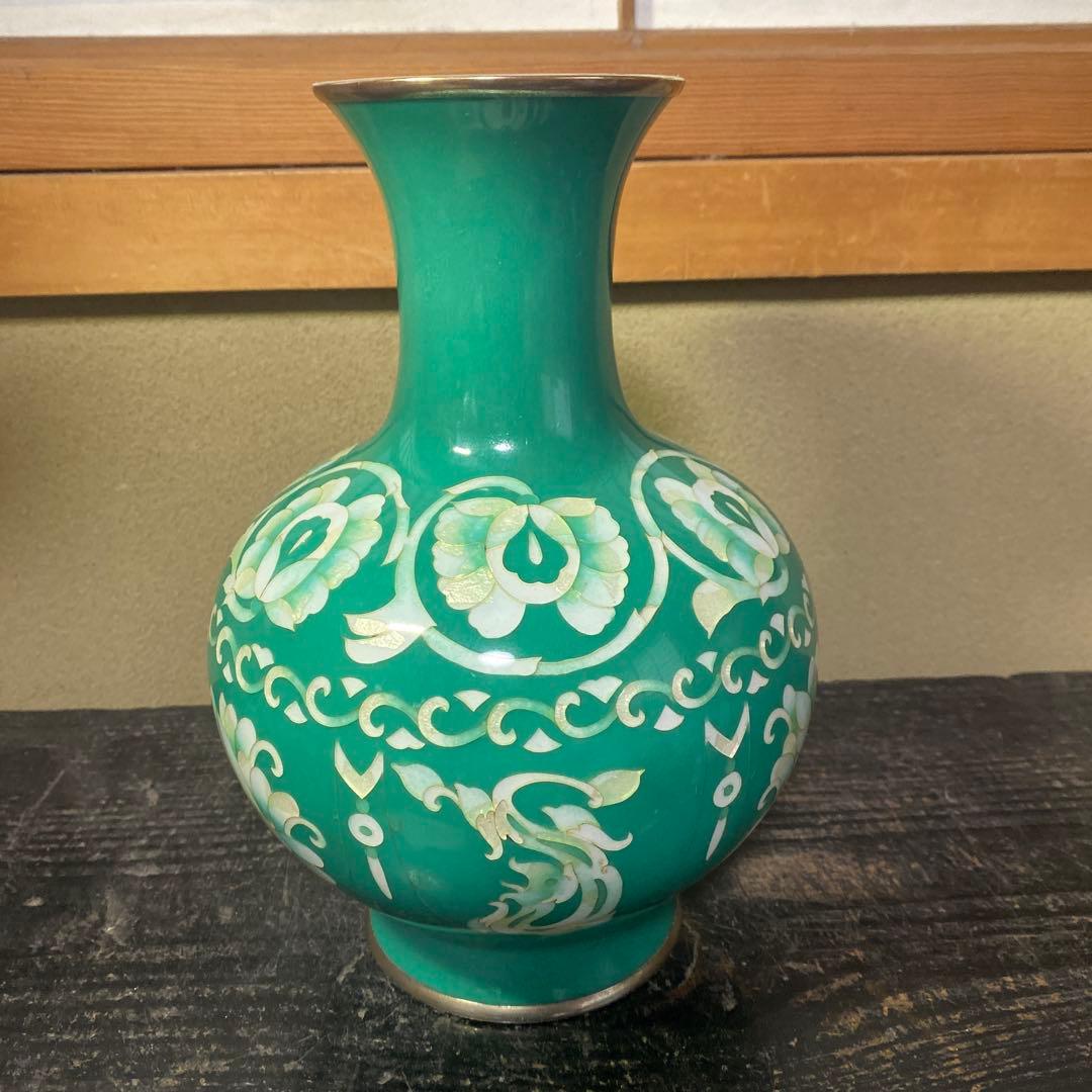 古玩　翡翠色七宝花瓶　26cm16cm