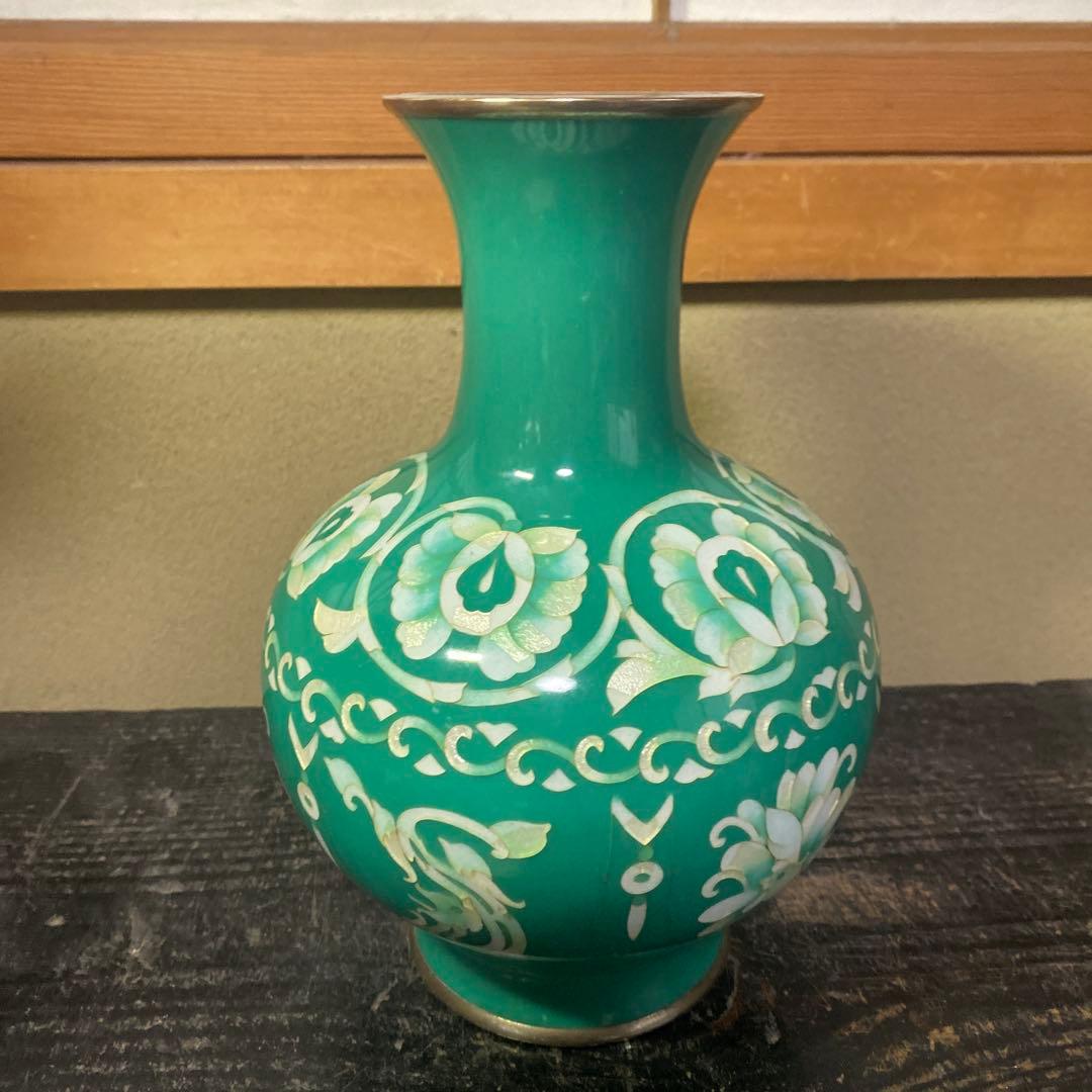 古玩　翡翠色七宝花瓶　26cm16cm