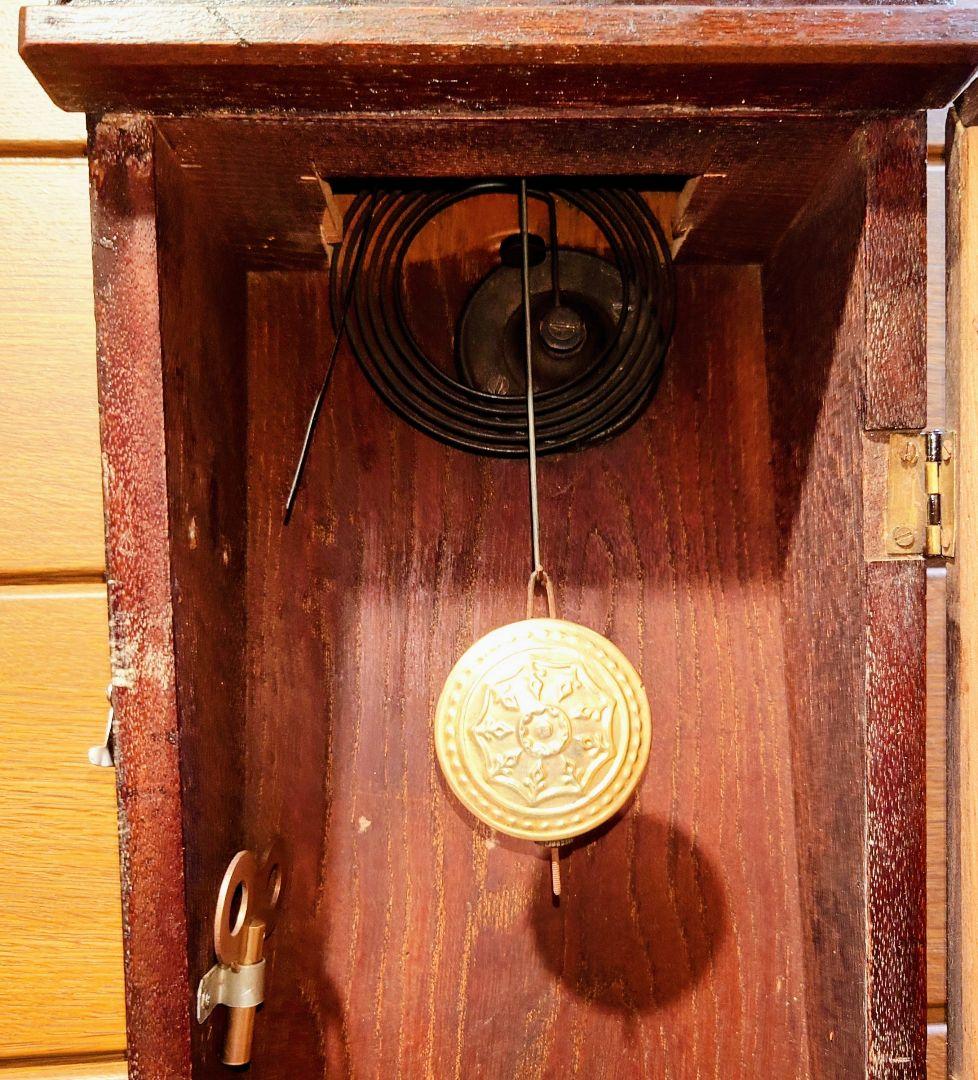 〈完動美品〉珍品　英工舎LIGHT印　鏡付き傾斜型ゼンマイ振り子掛け時計　古時計