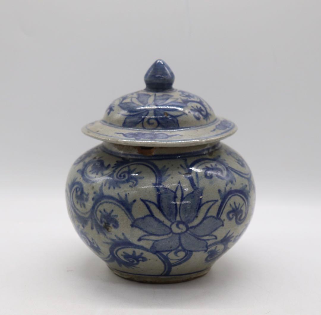 古安南　染付壺　花卉紋　送料込み250820