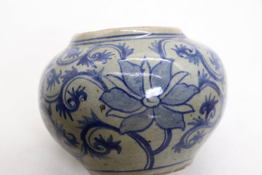 古安南　染付壺　花卉紋　送料込み250820