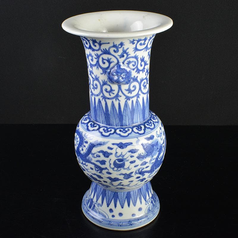 中国　大明萬暦年製款　青花　雲龍唐草文　双耳瓶　V　R7059B